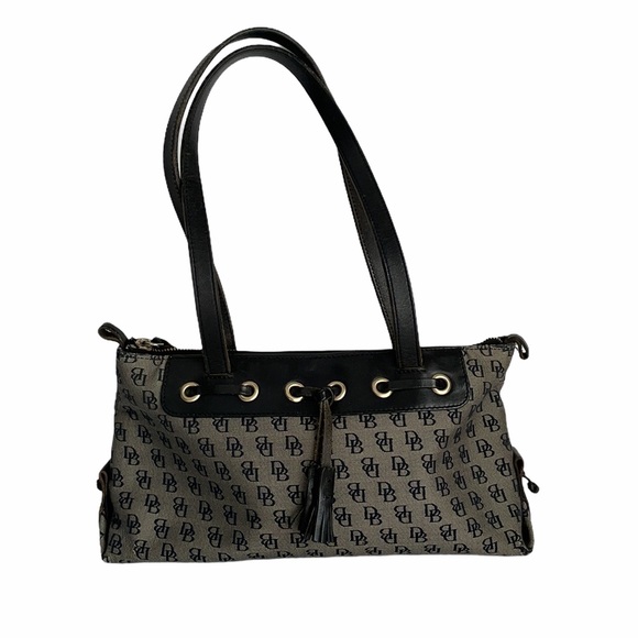 Dooney & Bourke Handbags - Dooney & Bourke Black Gray Leather Logo Canvas Bag